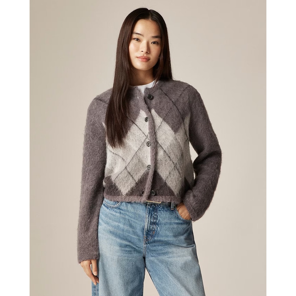 J.Crew Argyle Alpaca Wool Blend Cardigan Sweater Grey CO885 Womens L NEW